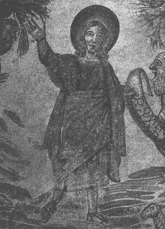 Absidiole, mozaïek: Christus overhandigt een schriftrol (de Wet) aan Paulus; Petrus aanwezig ("Traditio legis"), detail