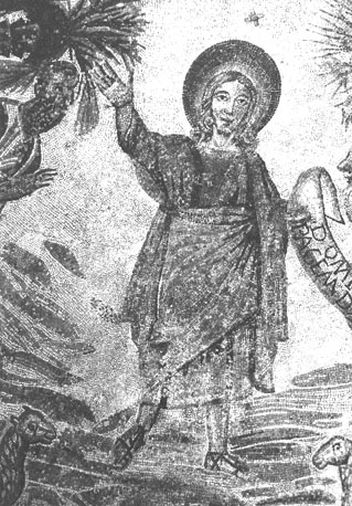 Absidiole, mozaïek: Christus overhandigt een schriftrol (de Wet) aan Paulus; Petrus aanwezig ("Traditio legis"), detail