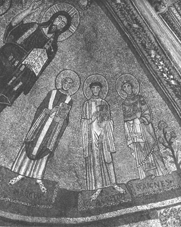 Absis, mozaïek, detail: Christus, heilige Marcus, heiligen Agapitus en Agnes