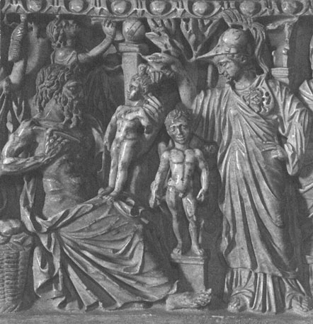 Prometheus sarcofaag, kist, detail: Prometheus maakt mensen uit klei, Minerva laat de geest neerdalen (in de vorm van Chrysalide)
