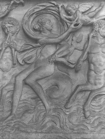 Sarcofaag, detail: twee zeecentauren, één draagt een Nereïde (zeenymf) op zijn rug, een cupido (eroot) boven hen