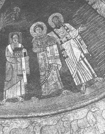 Absis, mozaïek, detail: Paschalis (links) met kerkmodel, St. Pudentiana en Paulus