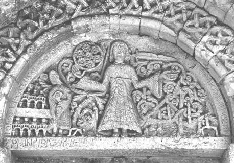 Timpaan: de eerste openbaring van Johannes de evangelist op Patmos: (centrum) Christus met zeven sterren in zijn hand; (links) de zeven kerken van Azië, Johannes; (rechts) ...zie Comments