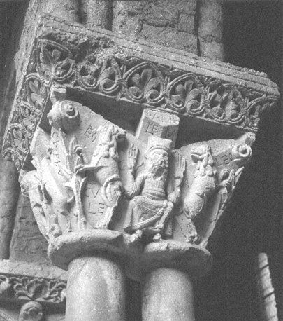 Kloostergang, westelijke galerij, kapiteel nr.61: Daniël in de leeuwenkuil (Dan.6, 11-29)
