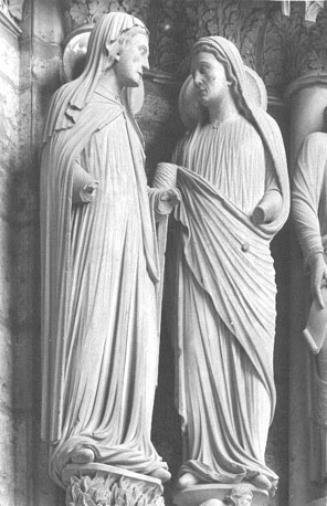 Noordtransept, linker portaal: Maria en Elizabeth, "Visitatie"
