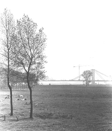 Uiterwaard; op de achtergrond: brug (tijdens constructie) over rivier de Waal