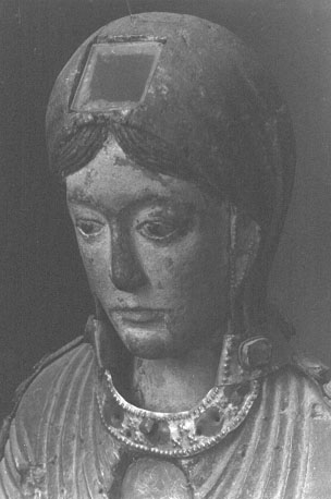Maria zittend, met het Christuskind op haar schoot (Sedes Sapientiae), genoemd: Notre-Dame de Saint-Flour; detail: hoofd van Maria