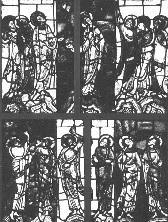 Deel van gebrandschilderd raam in zuidelijke zijbeuk: 'Hemelvaart van Christus', detail: Maria met twaalf apostelen