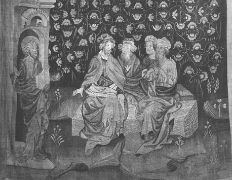 Wandtapijt van de Apocalypse, detail: Vier mannen op een troon