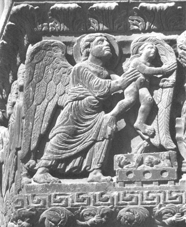 Westfacade, hoofdportaal, noordelijke portaalwang, latei: een engel brengt de ziel van de uitverkorenen naar de schoot van de voorvaderen (Abraham?)