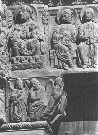 Westfacade, hoofdportaal, noordelijke portaalwang, latei: zittende voorvaderen; patriarch (links) met zielen van uitverkorenen op zijn schoot