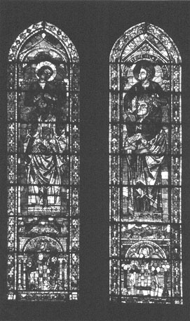 Zuidtransept, twee lancetvensters (rechts): Johannes op de schouders van Ezechiël, Marcus op de schouders van Daniël