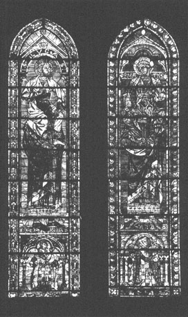 Zuidtransept, twee lancetvensters (links): Mattheus op de schouders van Jesaja, Lucas op de schouders van Jeremias