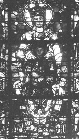 Kooromgang, zuidelijk deel, glas-in-lood raam: "Notre-Dame-de-la-Belle-Verrière", detail: tronende Maria met Christuskind op haar schoot