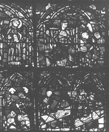 Kooromgang, noordelijk deel, gebrand-schilderd raam: scènes uit het leven van de heilige Caraunus, detail: jeugd van Caraunus (boven); beeldhouwers