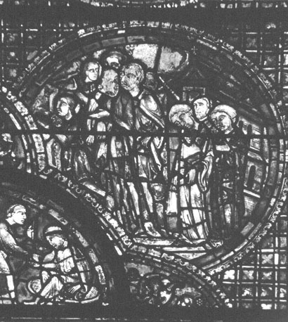 Noordelijke zijbeuk, gebrandschilderd raam: scènes uit het leven van de heilige Leobinus, detail (onderaan raam)