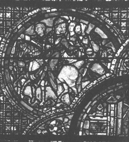 Noordelijke zijbeuk, gebrandschilderd raam: scènes uit het leven van de heilige Leobinus, detail (onderaan raam)