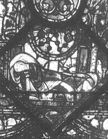 Noordelijke zijbeuk, gebrandschilderd raam, detail: Jozef droomt (onderschrift: "Joseph")