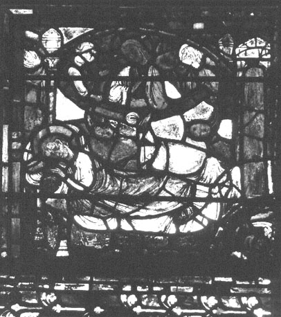 Kooromgang, zuidelijk deel, gebrandschilderd raam, detail: droom van sint Maarten: Christus verschijnt aan hem, gekleed in het stuk mantel die hij aan de bedelaar gegeven had