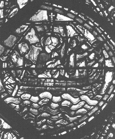 Kooromgang, noordelijk deel, gebrand-schilderd raam, geschiedenis van apostel Thomas, detail: Thomas vaart naar India