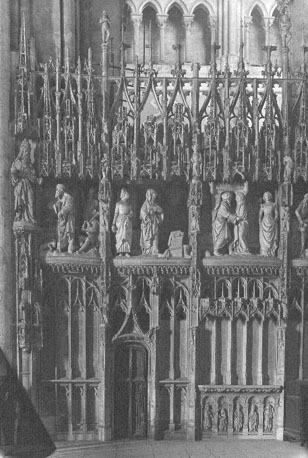 Kooromgang, koorafsluiting: beeldengroepen (vanaf links) Aankondiging van de geboorte van Maria aan Joachim en aan Anna door een engel, ontmoeting van Joachim en Anna bij de Gouden Poort