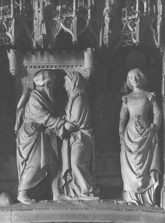 Kooromgang, koorafsluiting, beeldengroepen, detail: ontmoeting van Joachim en Anna bij de Gouden Poort