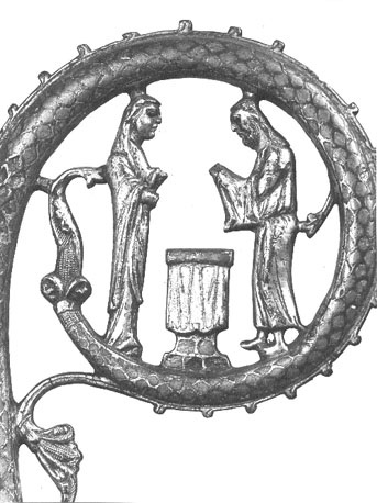 Bisschopsstaf, detail: presentatie van het Christuskind in de tempel (Christuskind ontbreekt)