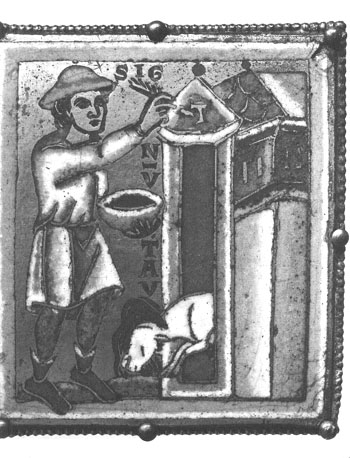 Emaillekruis met oudtestamentische scènes, detail: de Israëlieten markeren met lamsbloed de deurposten van hun huizen (gewoonlijk taukruizen) - Pascha