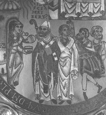 Reliekschrijn van Sint Heribertus van Keulen, detail (dak) scènes uit het leven van Heribertus: Heribertus smeekt regen af