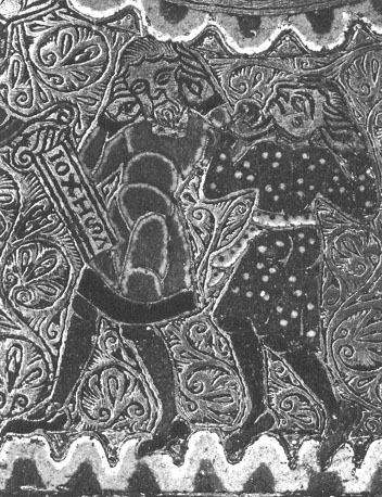 Reliekschrijn met scènes uit het leven van de heilige Stefanus; detail: twee figuren op de voorzijde (deel van "prediking")