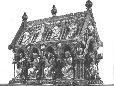 Schrijn van sint Eleutherius; lange kant en dak: apostelen en Synagoge (personificatie); rechts: sint Eleutherius (met kerkmodel)