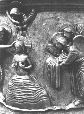 Doopvont, detail: Johannes de Evangelist doopt Christus in de rivier de Jordaan