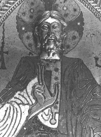 Boekband: Christus in mandorla vergezeld door de symbolen van de vier evangelisten ('Majestas Domini'), detail: bovenlichaam van Christus