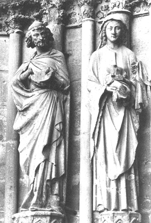 Westfacade, middenportaal, linker portaalwang: Presentatie van Christuskind in de tempel, detail: Jozef en Maria