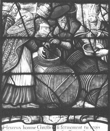 Knekelhuis, gebrandschilderd raam: de mystieke wijnpers (detail)