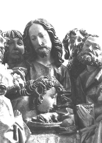 Laatste Avondmaal, detail: Christus met Johannes de Evangelist leunend op zijn borst, nauw omgeven door andere apostelen