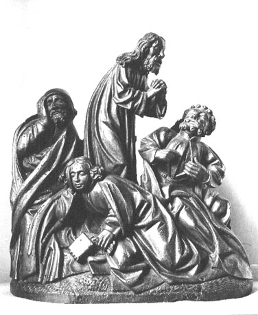 Retabelsculptuur: Gethsemane, Christus in doodsstrijd, drie apostelen die slapen