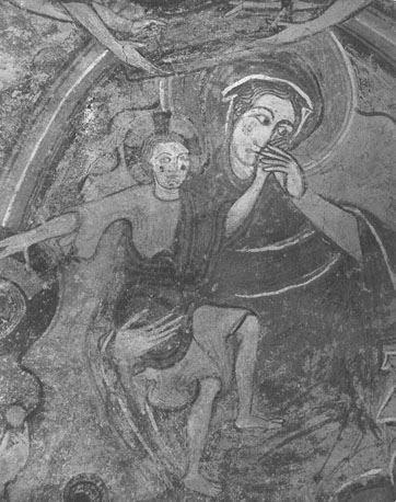 Crypte, apsis: fresco met Maria met Christuskind , detail