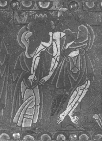 Reliekschrijn, detail: Christus wordt van het kruis genomen door Jozef van Arimatea; links: zijn moeder Maria