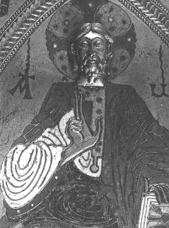 Plaque: Christus gezeten in mandorla, omgeven door symbolen van de vier evangelisten (Majestas Domini), detail