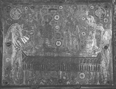 Reliekschrijn van sint Dulcidius, achterkant, boven: grafleging van de heilige