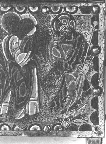 Reliekschrijn met bijbelse scènes, detail: verschijningen van Christus na de opstanding, twee discipelen op weg naar Emmaüs