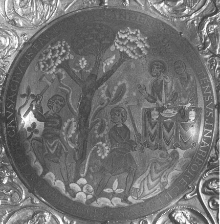 Reliekschrijn van sint Heribertus van Keulen, achterkant: scènes uit het leven van Heribertus, detail: Heribertus vindt een geschikte boomstam om een kruis van te maken