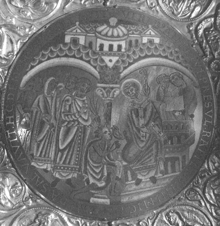 Reliekschrijn van sint Heribertus van Keulen, achterkant: scènes uit het leven van Heribertus, detail: palmprocessie en duiveluitdrijving