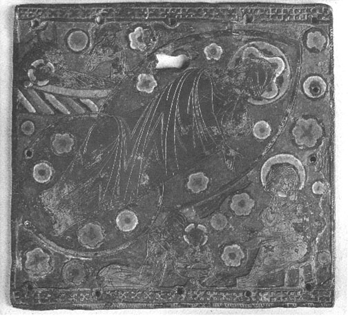 Geëmailleerd plaatje: Geboorte van Christus; midden: rustende Maria; linksboven: Christuskind, os en ezel; rechtsonder: Jozef, vroedvrouw wast Christuskind
