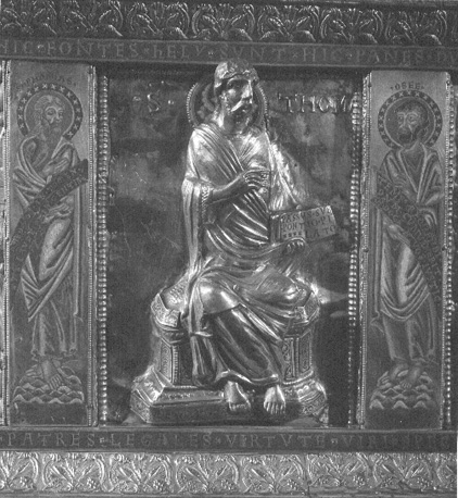 Reliekschrijn van Sint Heribertus van Keulen, detail: (l) staande profeet Sefanja, tronende apostel Thomas, (r) staande profeet Hosea