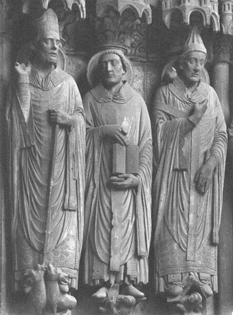 Zuidfacade, rechter portaal, rechter portaalwang, statue-colonnes: heilige Martinus, Hieronymus en Gregorius