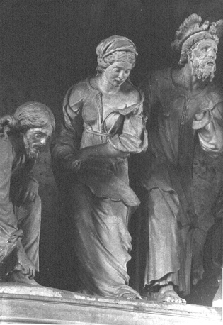 Koorafsluiting, beeldgroepen, detail: de overspelige vrouw