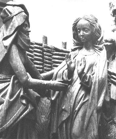 Fragment van een Mariaretabel: Visitatie, Maria en Elizabeth (detail)