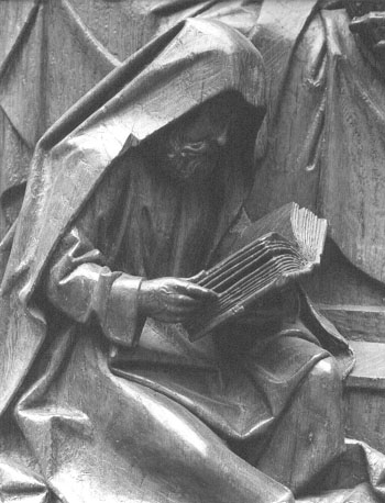 Fragment van een Mariaretabel: sterfbed van Maria, detail: lezende apostel